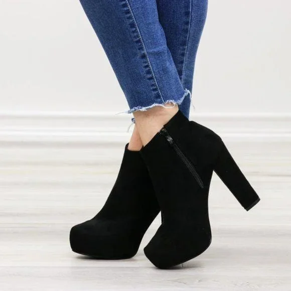 Platform Black Suede Ankle Heeled Booties - Picture 4 of 12